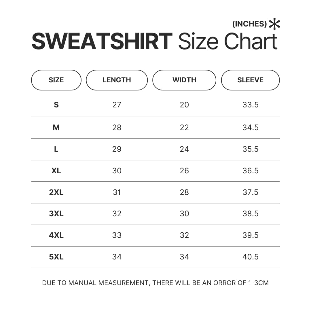 Sweatshirt Size Chart - Sword Art Online Shop