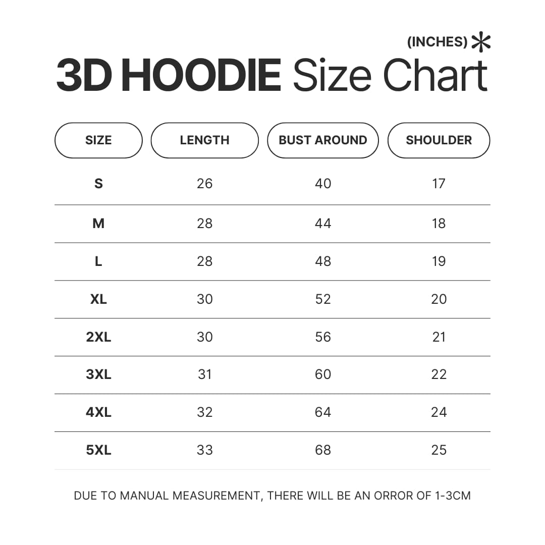 3D Hoodie Size Chart - Sword Art Online Shop